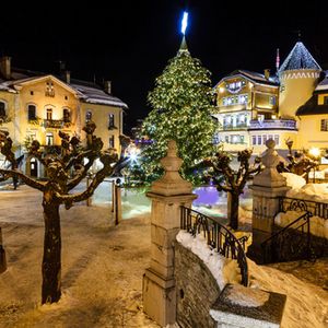 Illuminated Central Square of Megeve on Christmas Eve, French Alps, France